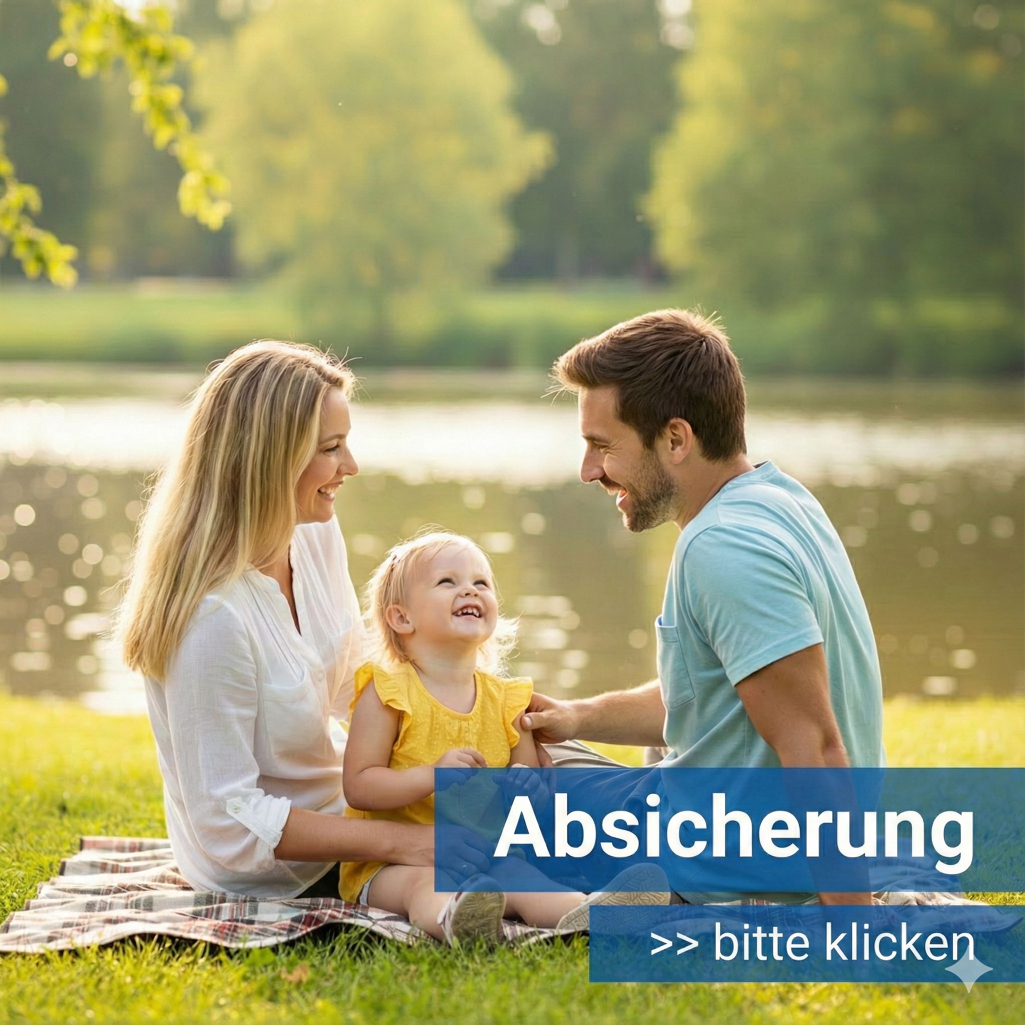 Glückliche Familie – Vater, Mutter und Kind beim Picknick im Grünen